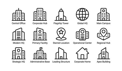 Fototapeta premium Modern building icons: offices, towers, and facilities in black and white