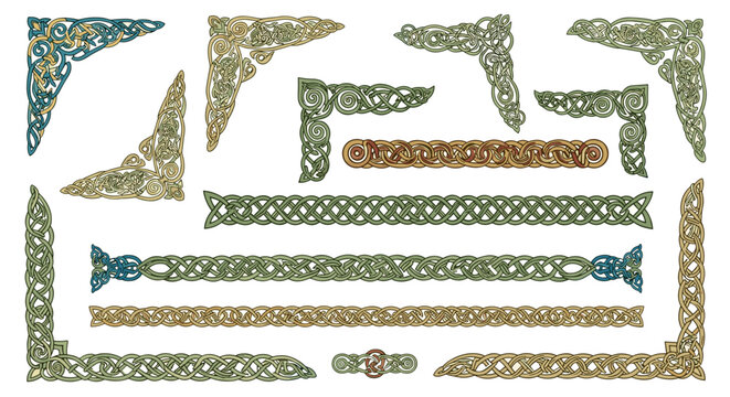 Collection of celtic knot borders and corner ornaments in earthy tones