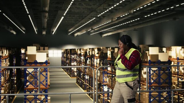 Black call center agent using headset to provide tracking info and shipment updates. Worker monitoring airway bill numbers, parcel barcodes and order status, express delivery in fulfillment center.