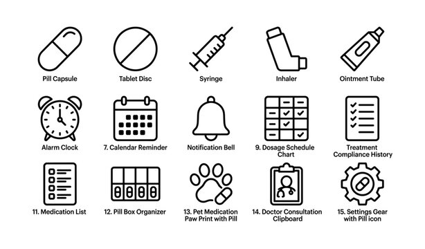 Medical icons set featuring medication and health management tools