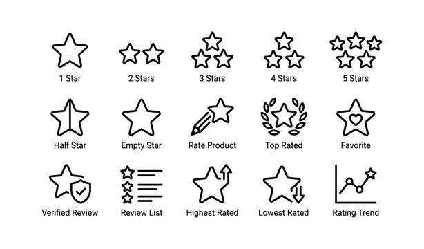 Icon set of star ratings and reviews for rating systems and feedback