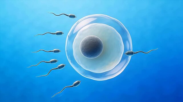 Medical illustration of human sperm cells swimming toward a mature ovum for fertilization, 3D rendered biological concept on blue background