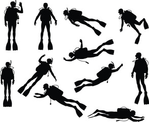 Scuba diver silhouettes collection, underwater diving poses set, ocean exploration sport activity icons, marine adventure illustration isolated © lokman
