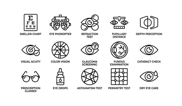 Vision testing icons: snellen chart, phoropter, color vision, glaucoma screening, eye care