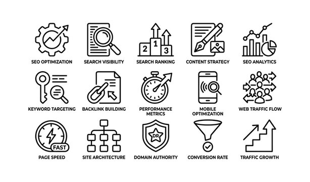 Icons depicting seo optimization and analytics with tools for content and web traffic strategies
