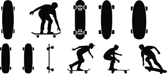 skateboard silhouette set, skater trick action collection, black skateboard deck icons, street sport athlete shapes, isolated vector illustration © lokman