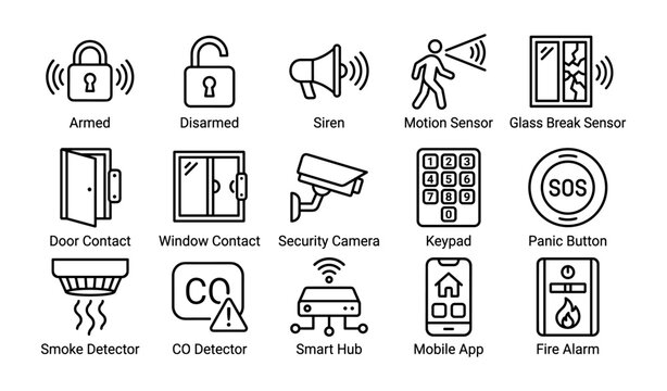 Smart home security system icons with sensors and alerts