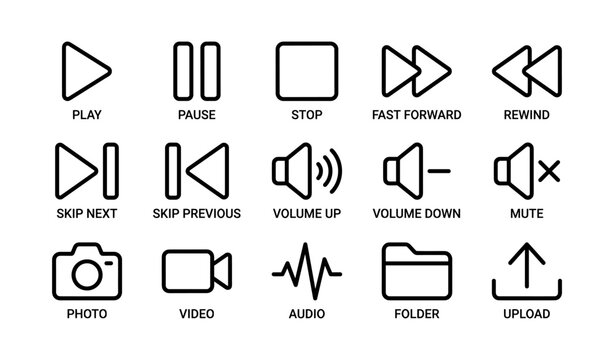Multimedia control icons: play, pause, stop, fast forward, rewind