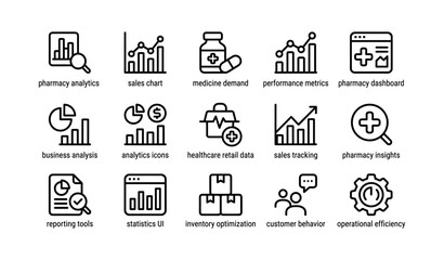 Pharmacy analytics and sales tracking icons: medicine demand, business insights, performance metrics