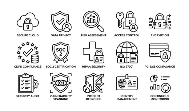 Cybersecurity icons set: secure cloud, data privacy, risk assessment, access control, encryption