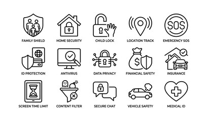 Fototapeta premium Safety and security icons: family shield, home security, data privacy, emergency sos