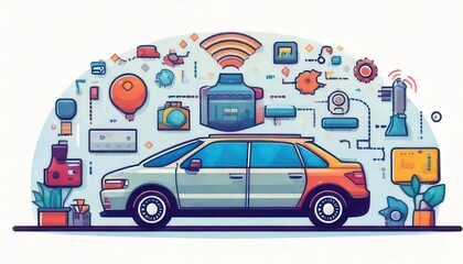 Fototapeta premium Connected Car Technology Illustration with Sensors and Connectivity.
