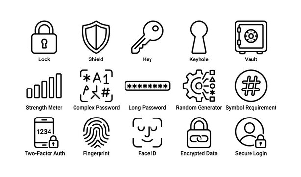 Security icons: lock, shield, key, biometric authentication, encrypted data symbols