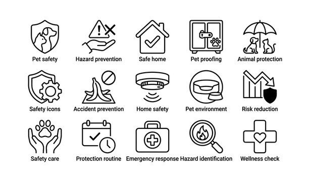 Pet safety icon set: hazard prevention and home protection symbols