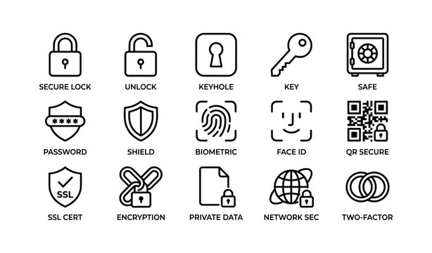 Cybersecurity icon set featuring locks, biometric, qr codes, and encryption symbols