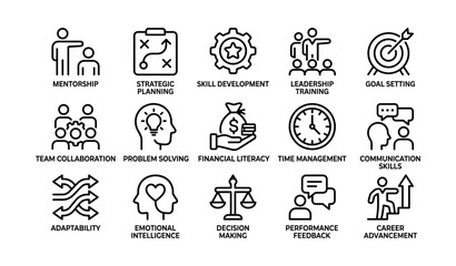 Fototapeta premium Icons representing career development skills in modern workplace