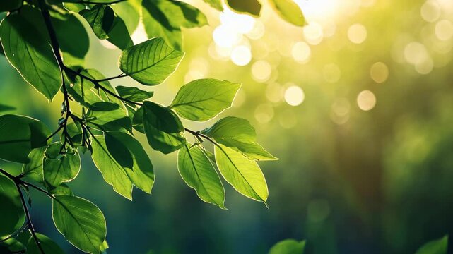 Lush green leaves illuminated by sunlight, creating a bokeh effect in the background