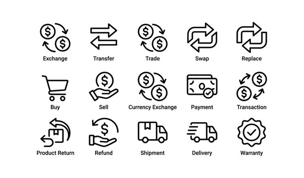 Financial transaction icons: exchange, transfer, trade, buy, sell, payment, delivery, warranty