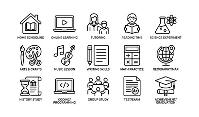 Fototapeta premium Education icons: home, learning, tutoring, reading, science, arts, music, writing, math