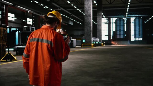 Mechanical engineer operates two-way radio transceiver in factory, monitoring heavy equipment in the industrial engineering plant. Using walkie-talkie communication along stations.