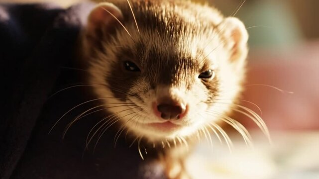 Cute ferret relaxing inside a soft, dark blue blanket, close-up portrait with sunshine and ambient background blur