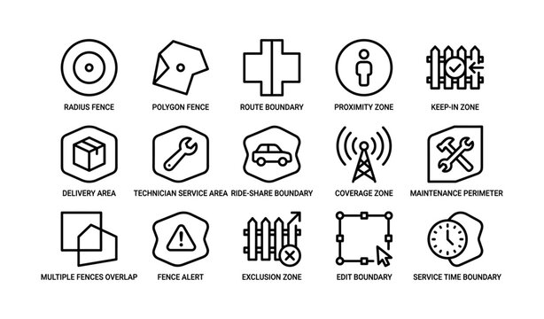 Geofencing icons: various zones and boundaries for location-based services