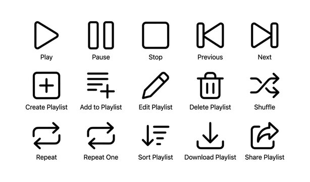 Music player icons set: play pause stop previous next shuffle repeat
