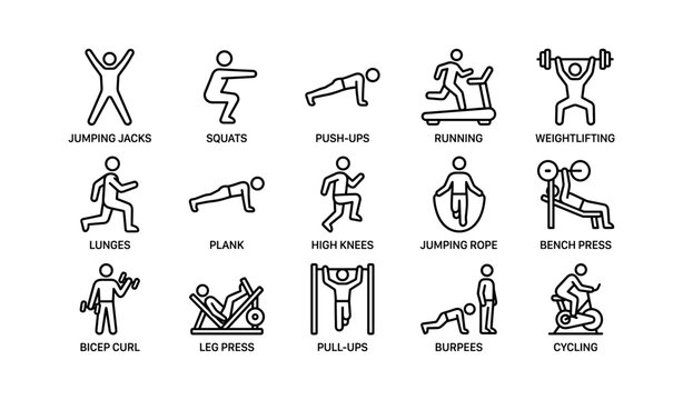 Exercise icons: jumping jacks, squats, push-ups, running, weightlifting, and more
