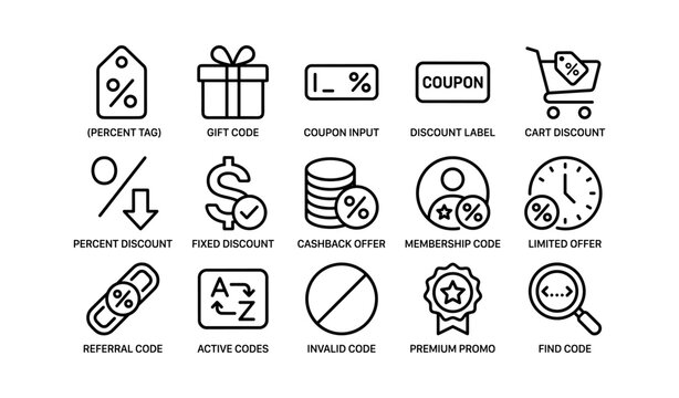 Discount and promo code icons: gift, coupon, cashback, offer, membership