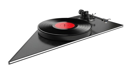 Sleek Black Turntable with Vinyl Record on Triangular Base - Modern Audio Equipment.