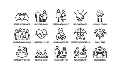 Fototapeta premium Family icons: heart, generational, pregnant, nursing, diverse activities