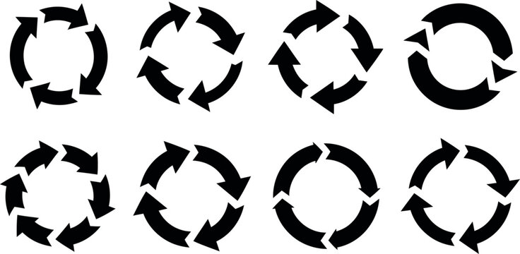 A set of eight black recycling symbols with arrows arranged in circular motion on a white background for reuse and recycle concepts