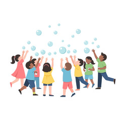 Obraz premium Diverse Children Playing Together, Reaching for Bubbles in the Air