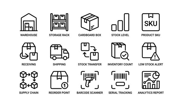 Warehouse management icons: storage, shipping, inventory, analytics