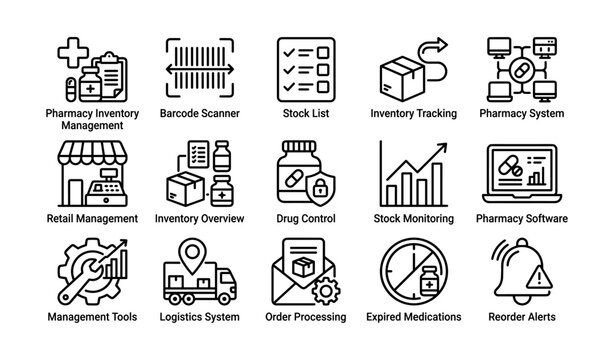 Pharmacy inventory management icons for retail and software applications