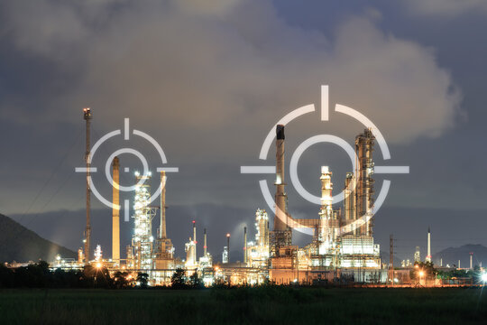 Oil refinery plant at night. Overlay  target symbol emphasize geopolitical risk and potential threats to critical energy infrastructure. Themes  of geopolitical tension and oil industry risk.