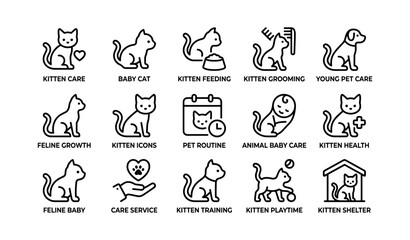 Fototapeta premium Kitten icons set: care, feeding, grooming, play, health, shelter, training, young pet