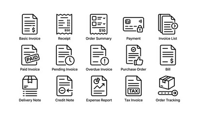 Invoice and payment icons set: basic, receipt, order, payment, delivery, credit, tax