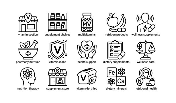 Vitamin and supplement icons: health support, nutrition products, wellness care, dietary minerals