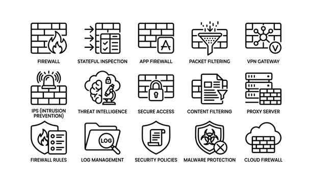 Cybersecurity icons set featuring firewall and network protection