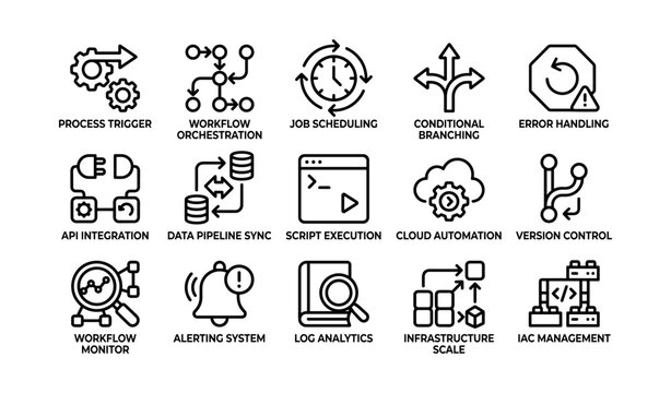 Workflow automation icons: process, orchestration, cloud, data, error handling