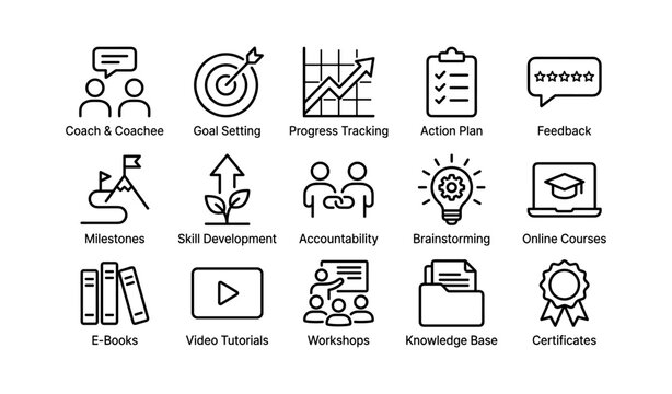 Icons for goal setting, skill development, and online learning resources