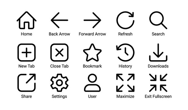 Web browser icons set: navigation, user, and settings symbols