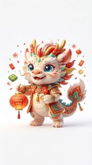 Fototapeta premium Cute Chibi Vietnamese Sacred Ky Lan Guardian 3D Illustration for Asian Lunar New Year, pure white background