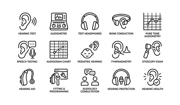 Audiology equipment and procedures icons for hearing health diagnostics