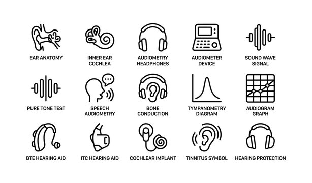 Audiology icons collection: hearing aids, audiometer, ear anatomy, audiogram graph