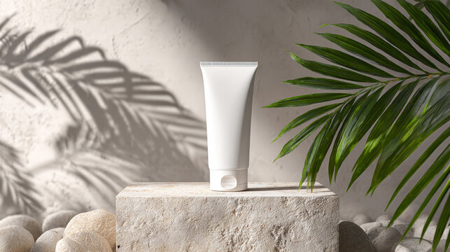 White cosmetic tube on stone podium with natural palm leaf shadows, creating a minimalist and organic spa aesthetic background