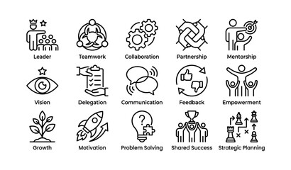 Obraz premium Leadership and teamwork icons: growth, collaboration, strategy, communication, empowerment