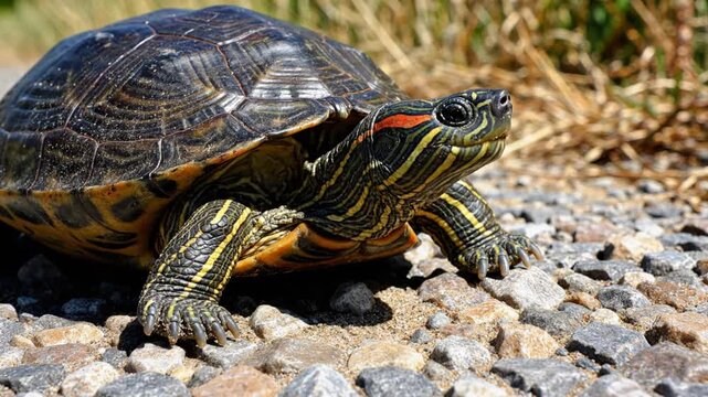 Close-up view of a vibrant red-eared slider turtle resting on a bed of small rocks outdoors during the day
