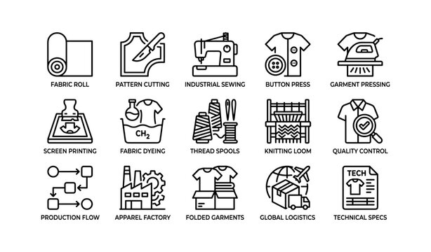 Textile manufacturing icons: fabric roll, sewing machine, apparel production, knitting, logistics